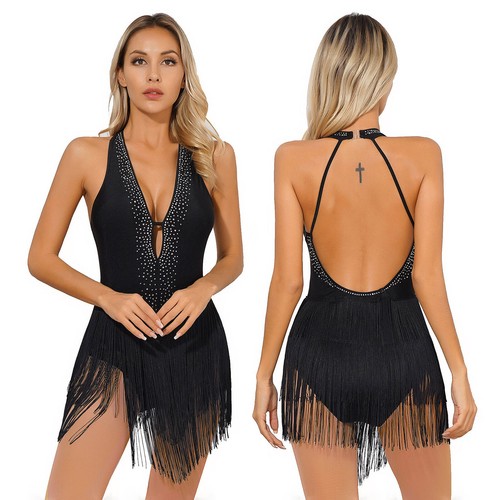 Womens Dress Deep V Neck Latin Dance Leotard Costume Unitard Modern Bodysuit - Picture 4 of 28