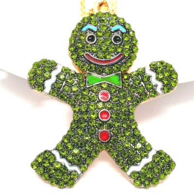 Big Jolly GINGER BREAD MAN Rhinestone CHRISTMAS Holiday Necklace Green