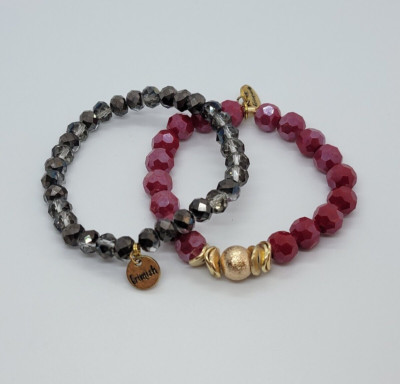 2 x  Erimish Bracelets Red Gold and Gray Stretch Stacking Bracelets