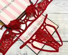 Victorias Secret VERY SEXY Strappy Embroidered Open Cup Balconette Bra Set Red