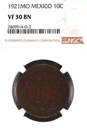 1921 Mo Mexico 10 Centavos Copper Coin NGC VF-30 BN #4-012