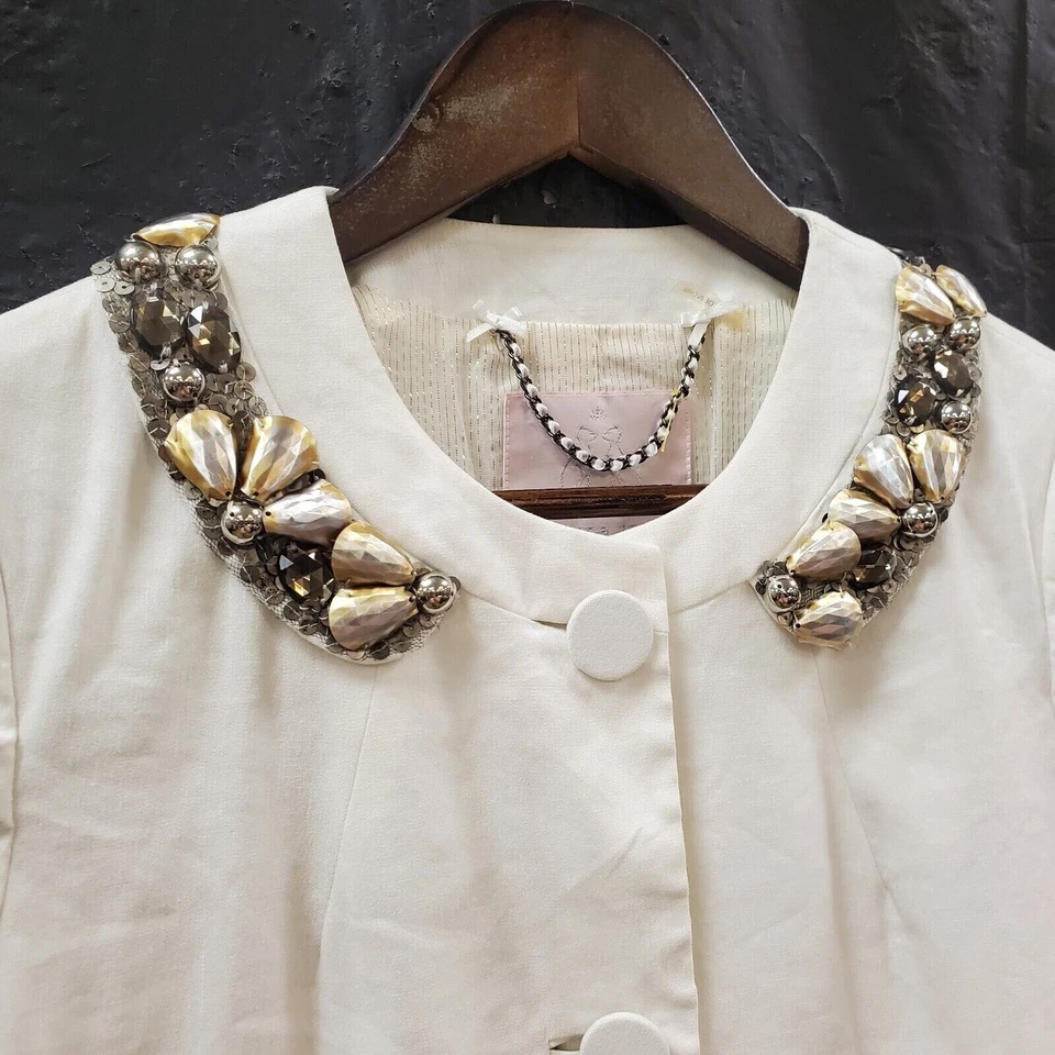 Blazer Rebecca Taylor para mujer mezcla de lino con cuentas talla 4 marfil ornamentado arte para usar Foto 2 de 4