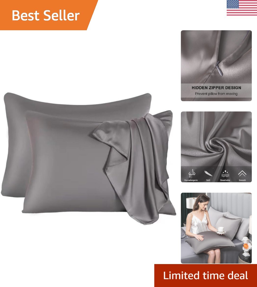 Mulberry Silk Pillowcase Set - Cooling, Soft, Breathable, Hidden Zipper - Dar...-image