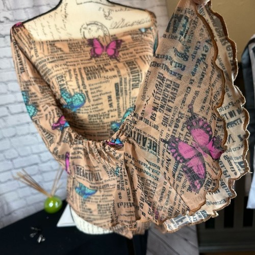 Butterfly & Newspaper Print, Off The Shoulder Bodysuit - 8/10 - Picture 2 of 9