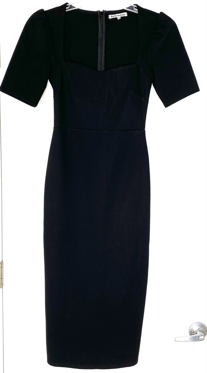 clayten knit dress REFORMATION Black Clayten Sweetheart Fitted Ponte Knit Vented Midi Dress XS  = 0