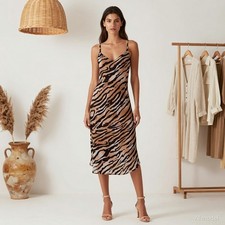 Glam Evening Maxi Dress Beige Black Animal Print Viscose Slip Sleeveless L