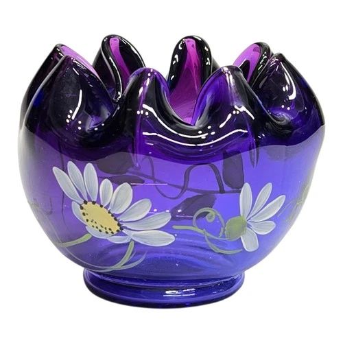 Fenton Art Glass Royal Purple Rose Bowl Hand Painted Signed Daisies Flowers