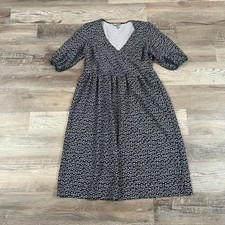 ASOS Floral Midi Dress Black White V-Neck Puff Sleeve Soft Grunge Size 8