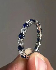 2CT Round Blue Lab Created Full Eternity Wedding Band Ring 14K White Gold Plated