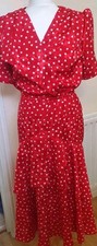 Richard Roberts Dress UK 10 Vintage Long Midi Red White Polka Dots Jacquard 80s