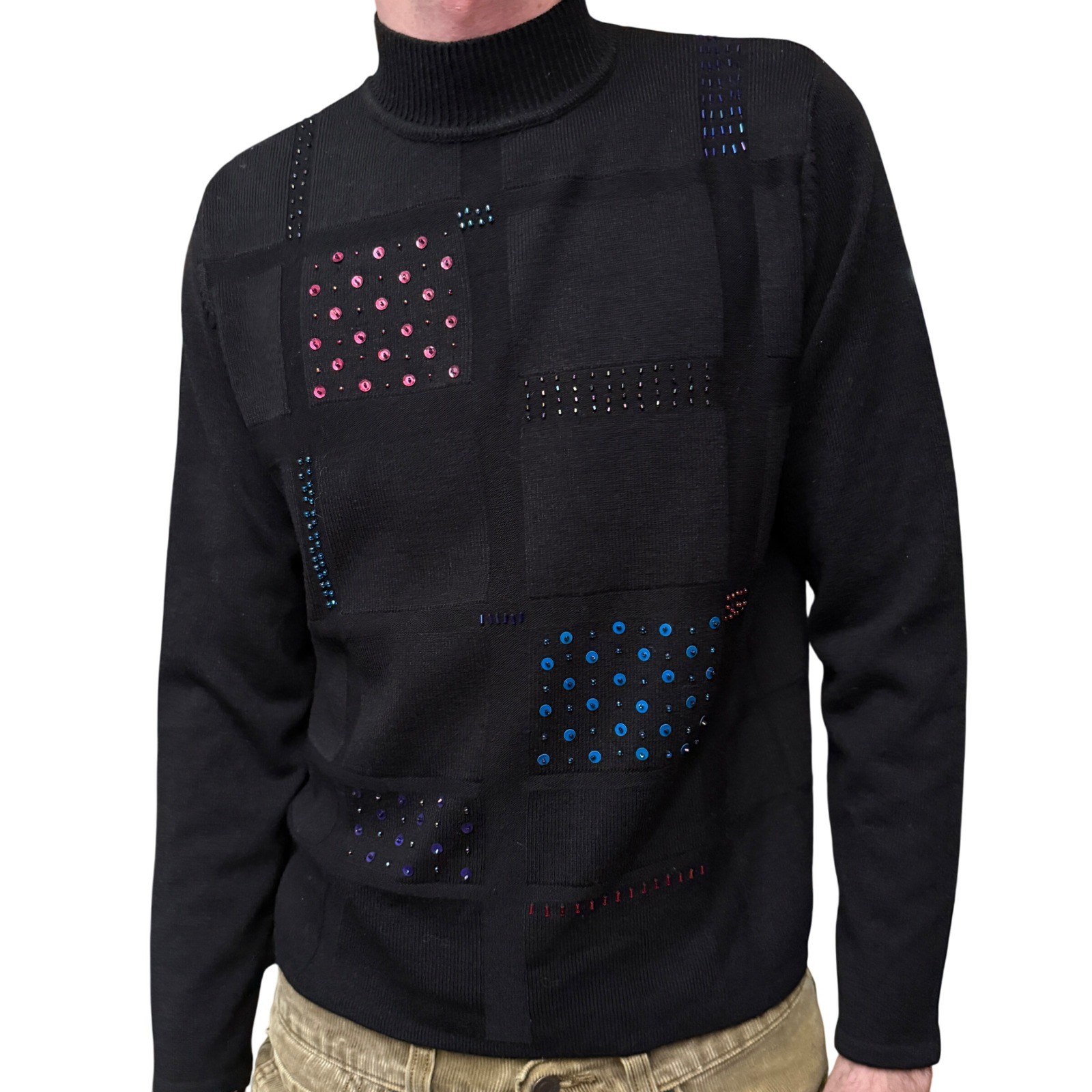 Glam Black Mock Neck Patchwork Beaded Sequin Swea… - image 1