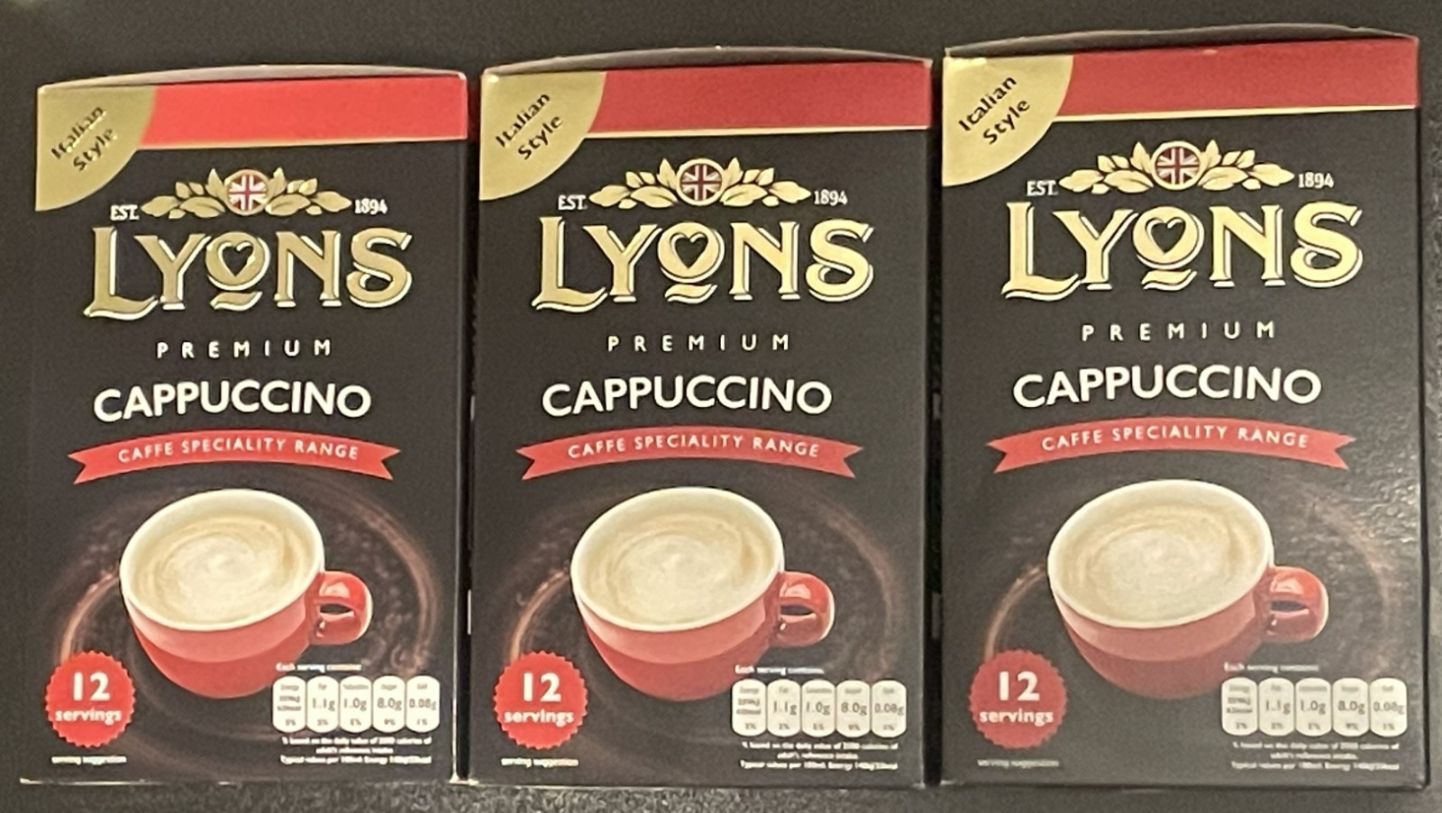 3 x 12 each LYONS PREMIUM CAPPUCCINO (36 sachets) instant coffee / Free P&P