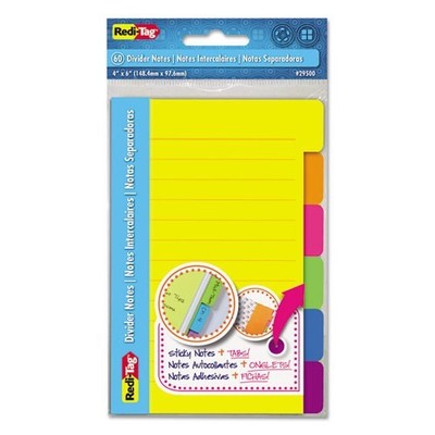Redi-Tag Index Sticky Notes, 6-Tab Set, 4'' x 6'', Assorted Colors, 60 Sheets/Set