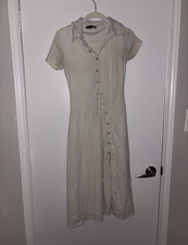 FORE Beige Solid Shirt Dress XS Collared Button Front Short Sleeve Midi