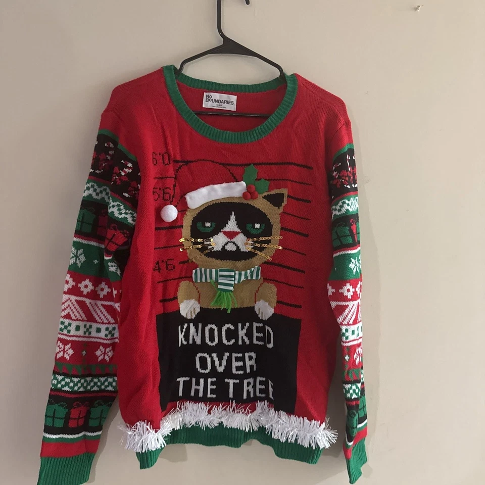 Grumpy Cat уродливый Рождественский свитер мужской красный "Knocked Over The Tree" праздник весело - Изображение 2 из 4