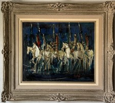 NISSAN ENGEL VINTAGE MODERN ABSTRACT CUBIST OIL PAINTING CALVARY SOLDIERS HORSES