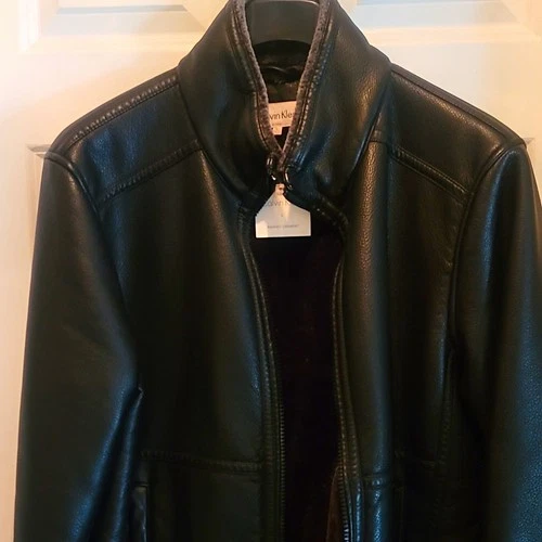 Calvin Klein Men’s Bomber Jacket Full Zip Leather Black Stand Collar L CM69P199 - product listing photo