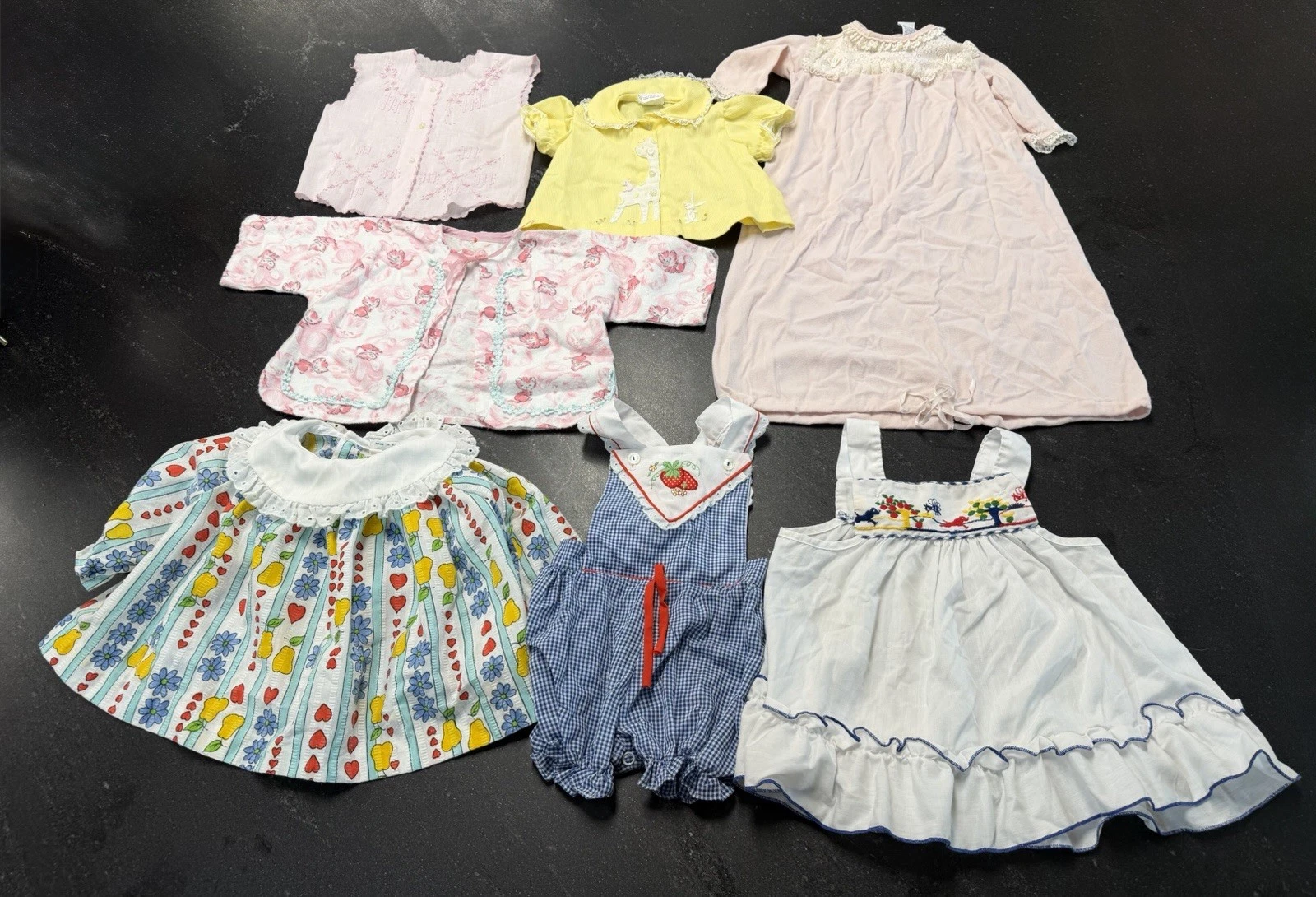 Vintage Baby Clothes Lot 7pc Nannekins Shepherd Dress Romper Mixed Sizes