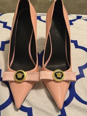 Versace Pink Patent Leather Pointed Toe Pumps Medusa Logo Bow Slip-On Sz 8
