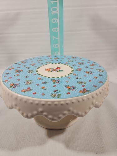 Vtg Mary Engelbreit Cake Stand 10" White Blue Floral Polka Dot Ceramic - Picture 18 of 18