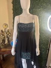 Black Sequin Hi-Low Dress Layered Spaghetti Strap A-Line Party Women's