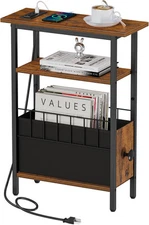 Snughome Narrow Side Table with Charging Station, Slim End Rustic Brown 