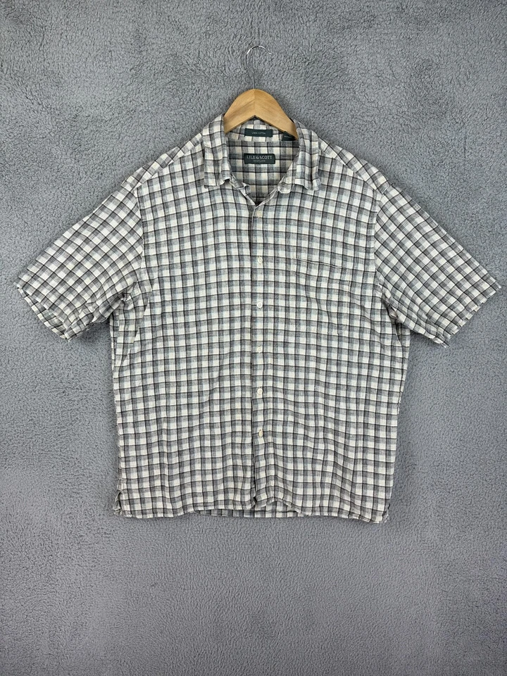 Lyle & Scott Shirt Mens Large Brown Blue Plaid Linen Blend Short Sleeve Casual - Image 2 of 4