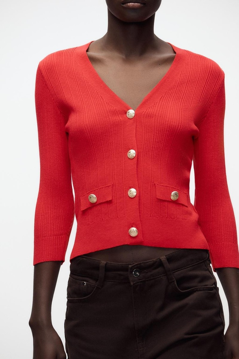 Zara Plain Knit Cropped Cardigan Red Gold Size XL 6427/011
