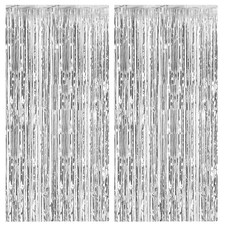 2 Pack Foil Curtain Backdrop Silver Metallic Tinsel Fringe 2 PCS,