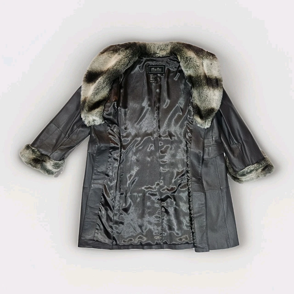 Abrigo de cuero topo Terry Lewis, talla 1X, cuello y puños de piel sintética, hasta la rodilla Foto 3 de 4