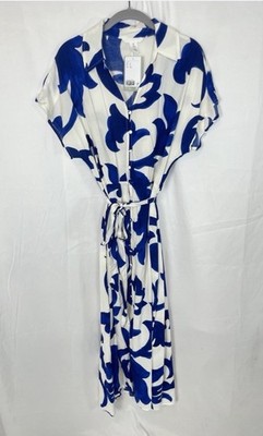 NWT H&M Tie Belt Viscose Collared Shirt Dress Blue White Palm Safari Midi Sz S