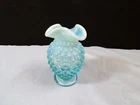 Fenton Blue Opalescent Glass Hobnail Mini Miniature Vase w/ 3 Tri Lobe Top
