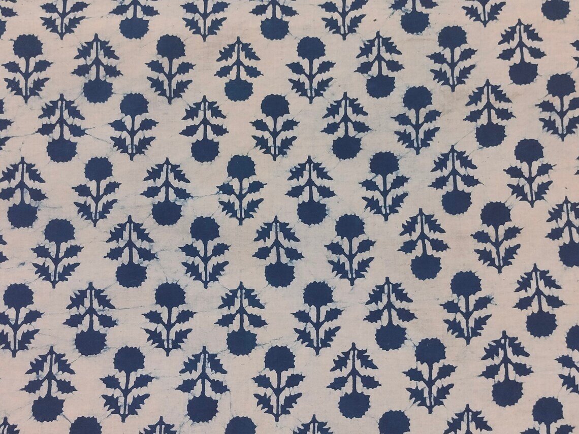 Indigo Cotton hand block print Fabric by the yard dress fabric ,floral print