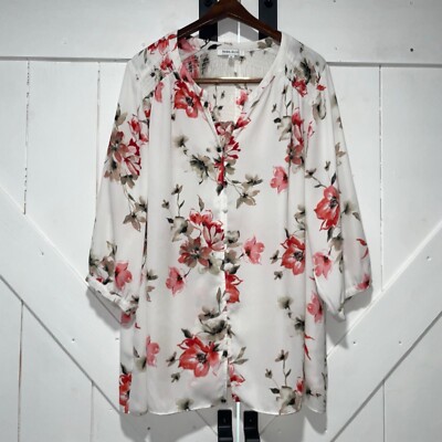 Rose Olive Top Women s 2X Plus Tunic Shirt Blouse 3/4 Sleeve Artsy Floral Boho