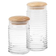 0.63L/1.12L/1.5L Clear Ribbed Glass Storage Jar w/ Airtight Stopper Wooden Lid
