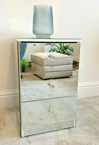 Mirrored Glass Bedside Table Cabinet 3 Drawer Chest Crystal Handles Handmade UK - Picture 8 of 12