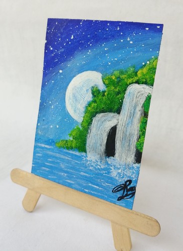 ACEO Original Acrylic Painting WATERFALL SCENERY Miniature Art Card New - Afbeelding 3 van 6
