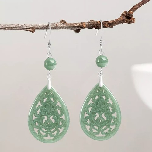925 Grade Jade Sterling Silver Natural A Jadeite Hollow Carved Dangle Earrings - Picture 6 of 6