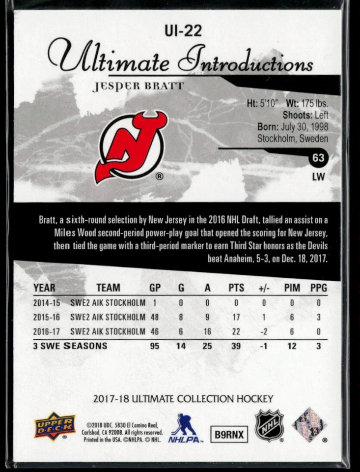 2017-18 Ultimate Collection Introductions #UI-22 Jesper Bratt RC - Image 2 of 2