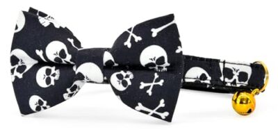 Black Cat Bowtie with Collar, Breakaway XXS (6-10'') Skulls and Crossbones