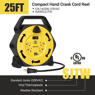 DEWENWILS  25FT Cord Reel with 4 Power Outlets, 2-USB Ports(3.4A Fast Charge)