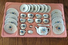 Agglo China Minature Tea Set Pink Blue Flowers 30 Piece Service for 8 Children
