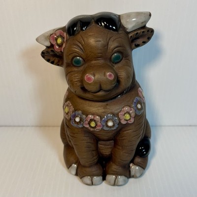 Vintage MCM 1960s FERDINAND the Bull w/ Flower Chains Stoneware Figurine 5.5 