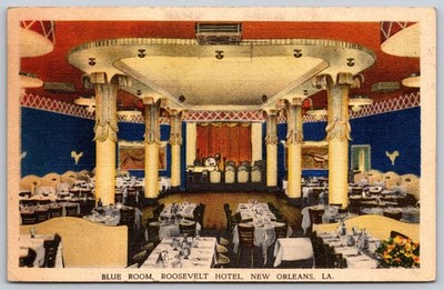 1943 Blue Room Roosevelt Hotel New Orleans LA Art Deco Postcard Posted E145