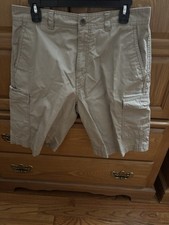 Khaki Cargo Shorts with Multiple Pockets and Button Closure