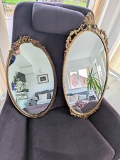 2 MID CENTURY GILT GOLD OVAL WALL MIRRORS ROSE FLORAL RIBBON FINIALS PEERART