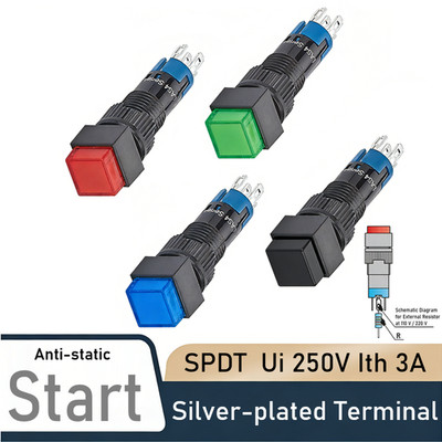 8mm SPDT IP40 3A Illuminated Push Button Switch Square Plastic Mini Power Switch
