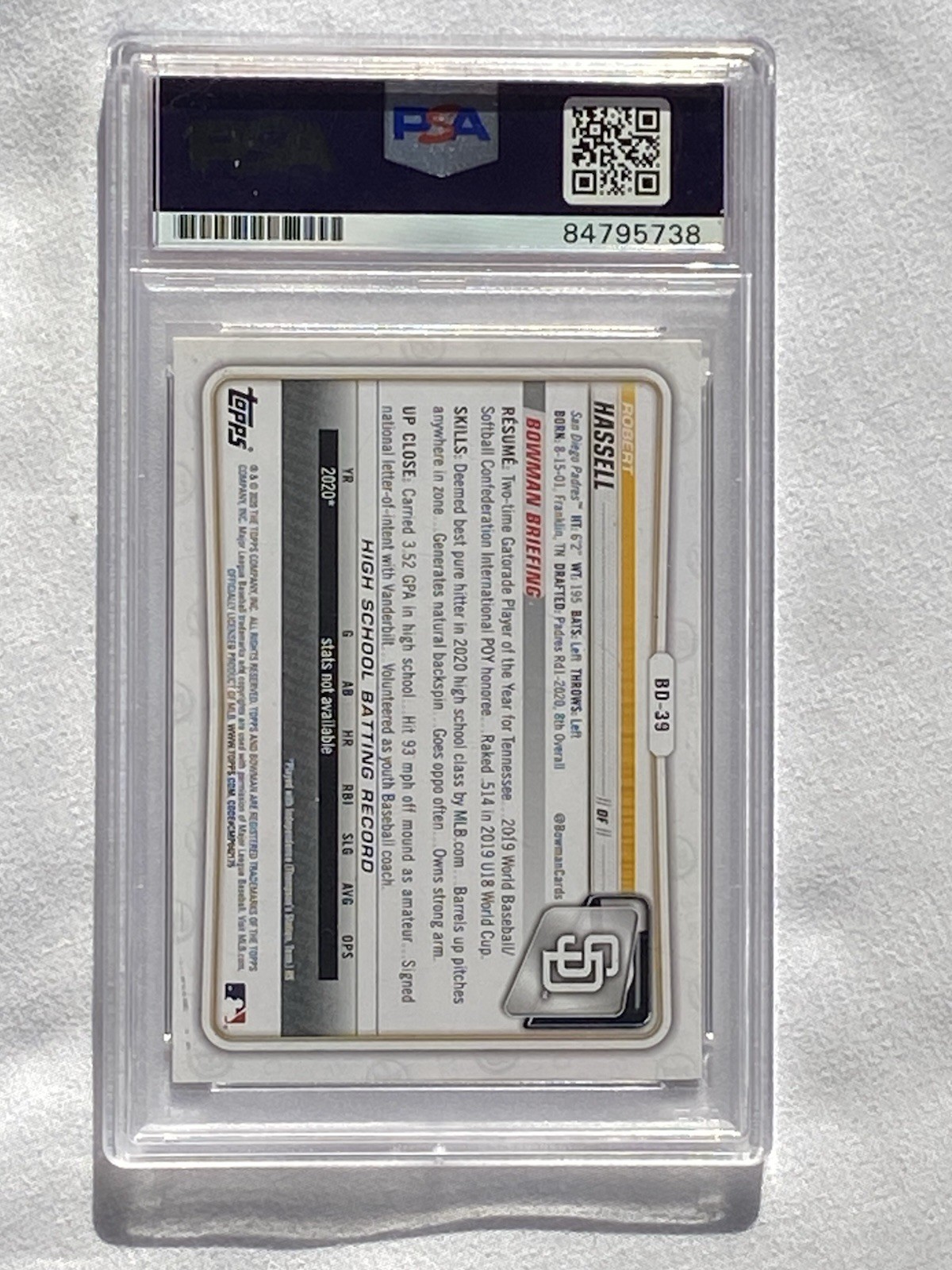 ROBERT HASSELL III PSA 10 TOPPS BOWMAN 2020 Draft San Diego Padres Baseball Card view 7
