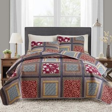 3 Pieces Patchwork Quilt Set Full/Queen Size, Orange Red Floral Farmhouse Bed