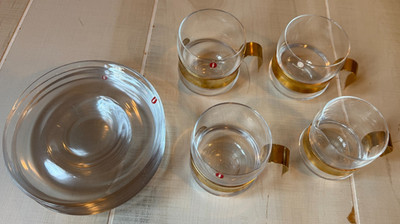 iittala set of 10 mugs cups/plates sauces glass gold handle Paula design Finland